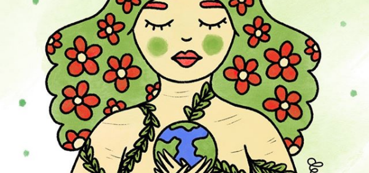 ilustración mujer y planeta tierra abrazo feminismo
